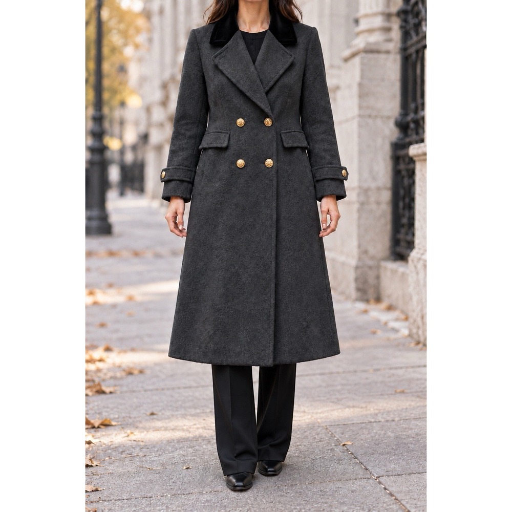 Vintage Karen Petites Small Wool Cashmere Gray Coat Velvet Gold Eagle Buttons